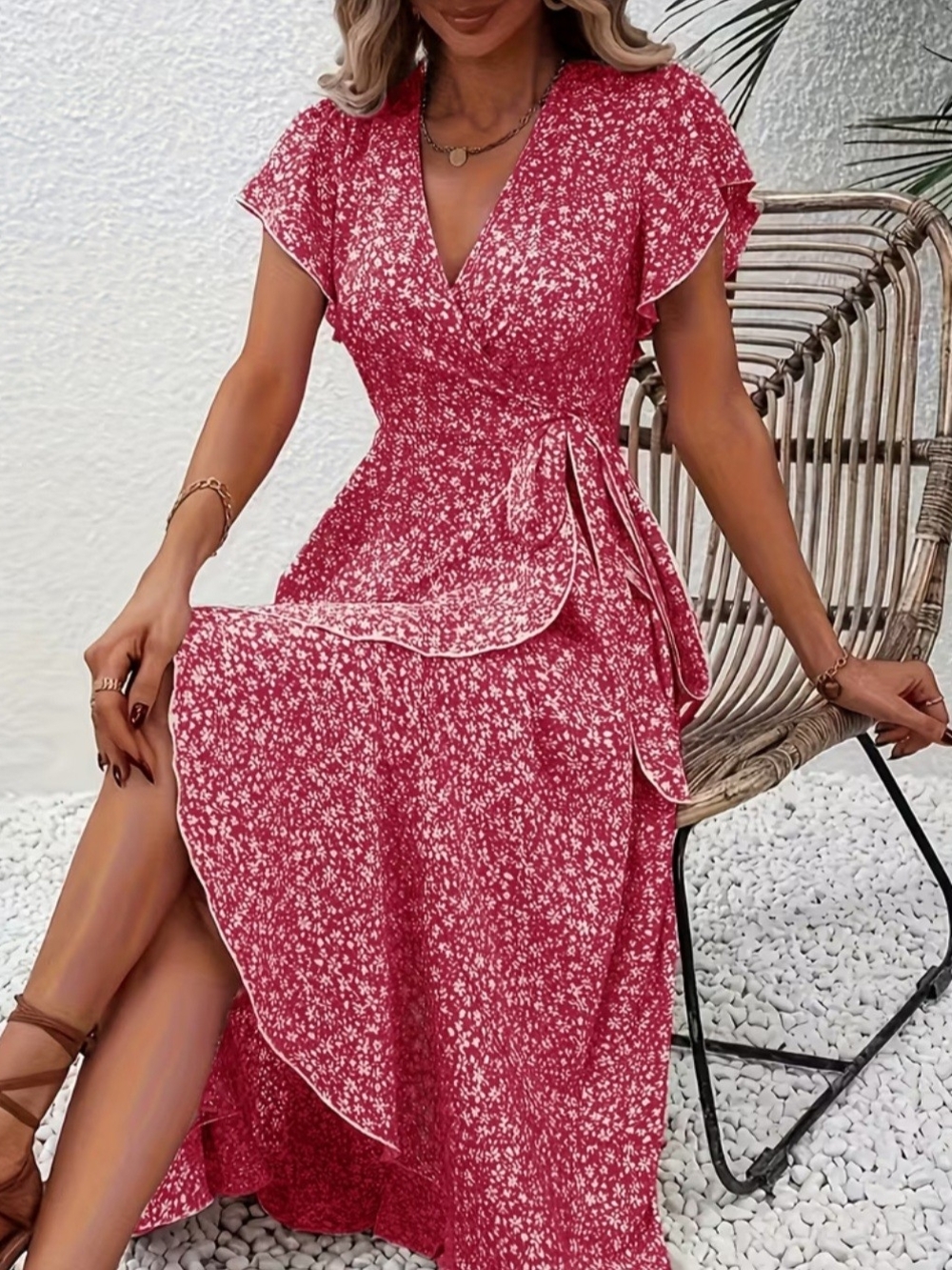 Red Floral Wrap Maxi Dress with V-Neck